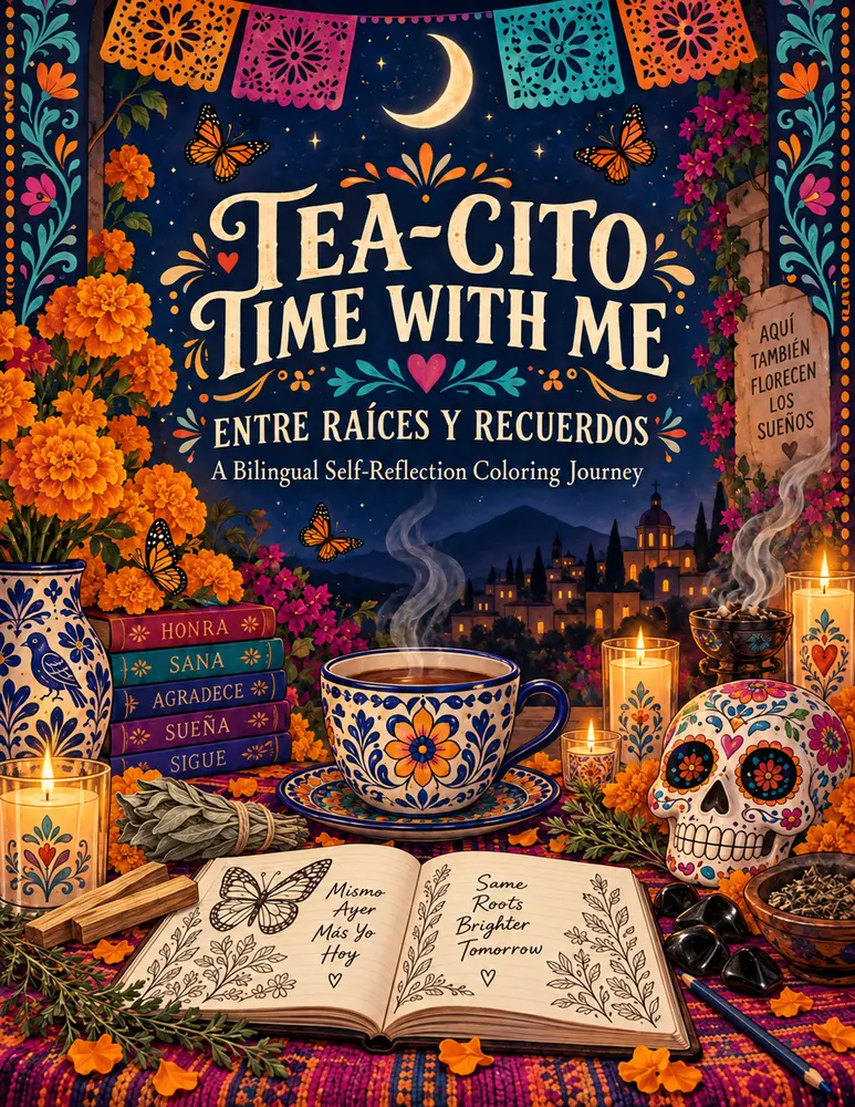 Tea-cito Time With Me: Entre Raíces y Recuerdos bilingual self-reflection coloring journey cover