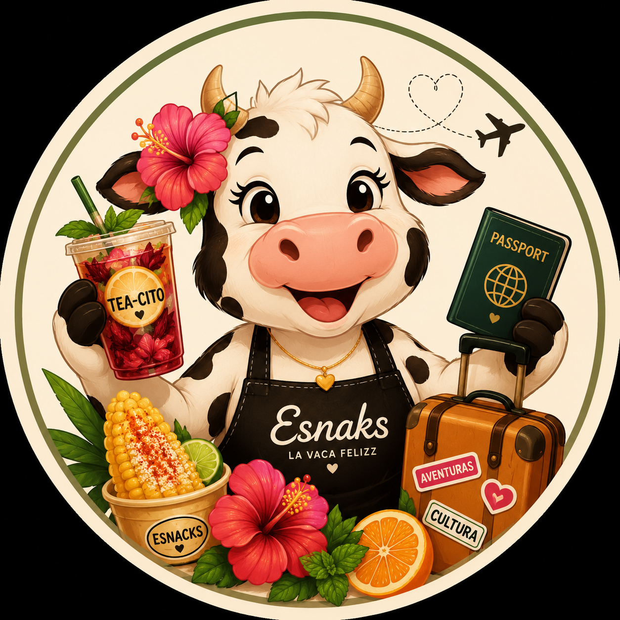 Esnaks La Vaca Felizz mascot holding a Tea-cito, passport, and suitcase