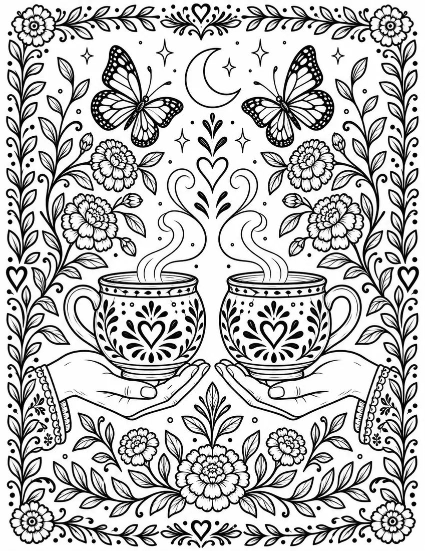 Two hands holding tazas de barro surrounded by butterflies and flowers