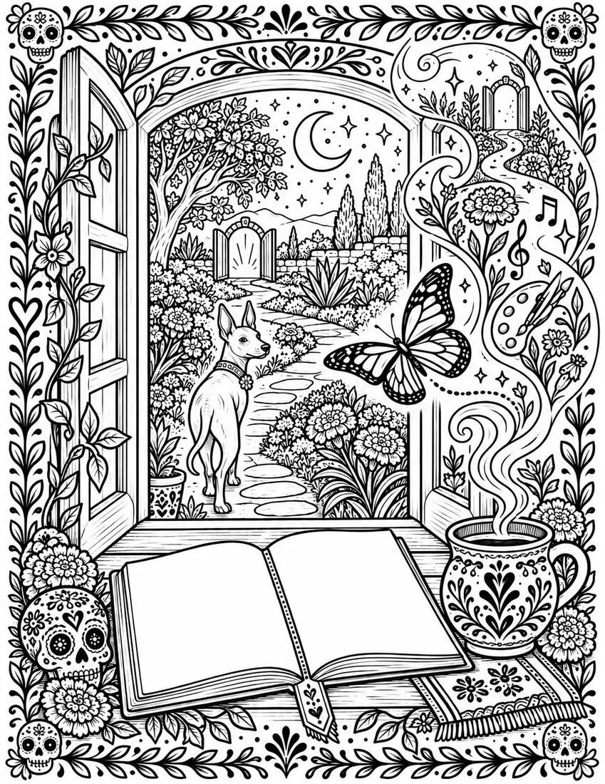 Catrina, Catrín, xoloitzcuintli, butterflies, roots, candles, and a taza de barro