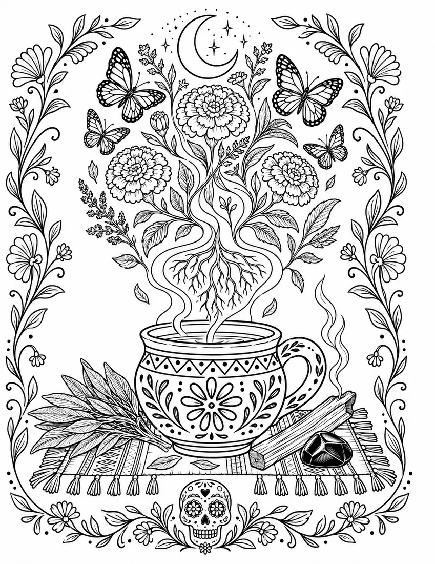 Coloring illustration of a taza de barro with roots, flowers, butterflies, sage, palo santo, and obsidian